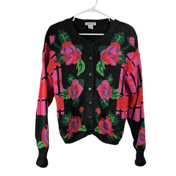Vintage Gallagher Size Medium Cardigan Sweater Black Pink Floral Plaid Grandma - Picture 1 of 5